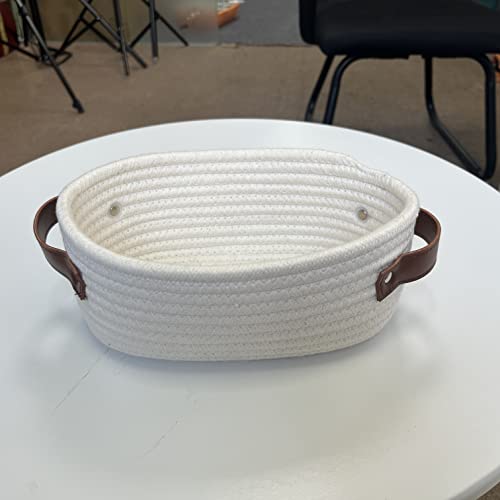 ABenkle Small Woven Basket, Mini Cotton Rope Storage Basket, Tiny White Basket, Shelf Basket, Oval Decorative Toy Dog Cat Basket for Nursery, Kids Room, Empty Gift Basket Baby Basket, 10" x 6" x 4" XS - Image 5