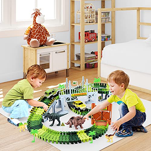 Dinosaur Toys-187 Pcs Create A Dinosaur World Road Race-Flexible Track Playset & 2 Pcs Cool Dinosaur Car for 3 4 5 6 Year & Up Old Boy Girls Best Gift - Image 3